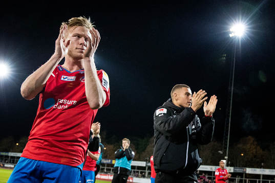 Helsingborgs Andreas Landgren och Jordan Larsson jublar