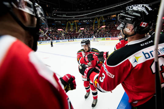 Malmö Redhawks Erik Andersson jublar med båset