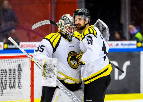 Brynäs målvakt David Rautio och Johan Alcén jublar
