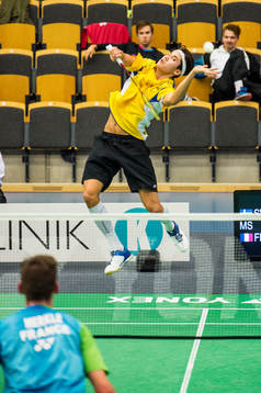 Felix Burestedt mot fransmannen Arnaud Merkle i runda 1 i badmintontävlingen Swedish International den 20 januari 2017 i Lund.