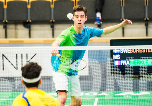 Felix Burestedt mot fransmannen Arnaud Merkle i runda 1 i badmintontävlingen Swedish International den 20 januari 2017 i Lund.