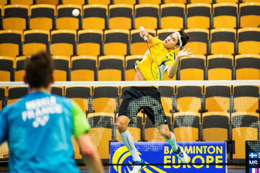 Felix Burestedt mot fransmannen Arnaud Merkle i runda 1 i badmintontävlingen Swedish International den 20 januari 2017 i Lund.