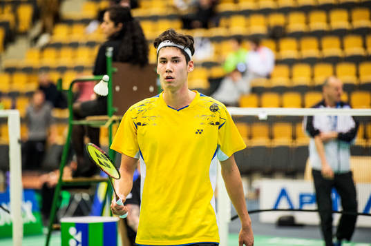 Felix Burestedt mot fransmannen Arnaud Merkle i runda 1 i badmintontävlingen Swedish International den 20 januari 2017 i Lund.