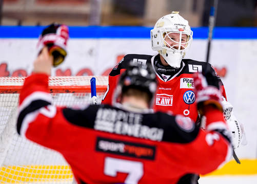 Piteås målvakt Joel Vännström jublar