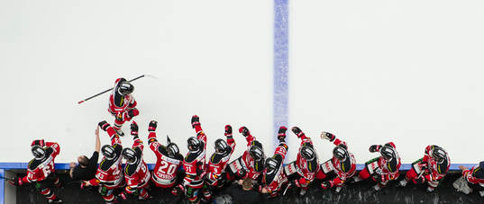 Malmö Redhawks Erik Andersson jublar med båset