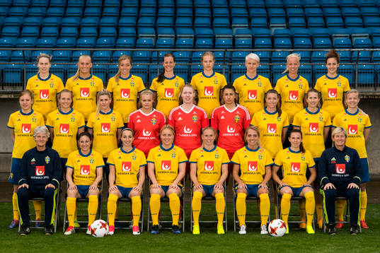  Lisa Dahlkvist, Stina Blackstenius, Linda Sembrant, Lotta Schelin, Lina Hurtig, Nilla Fischer, Caroline Seger och Nathalie Björn. Mellersta raden från vänster: Katrin Schmidt, Magdalena Eriksson, Olivia Schough, målvakt Hilda Carlén, målvakt Hedvig Lindahl, målvakt Zecira Musovic, Pauline Hammarlund, Emma Berglund och Hanna Glas. Nedre raden från vänster: Förbundskapten Pia Sundhage, Josefin Johansson, Kosovare Asllani, Mimmi Larsson, Jonna Andersson, Elin Rubensson, Jessica Samuelsson och assisterande förbundskapten Lilie Persson.
Editors note: Bilden är retuscherad.
