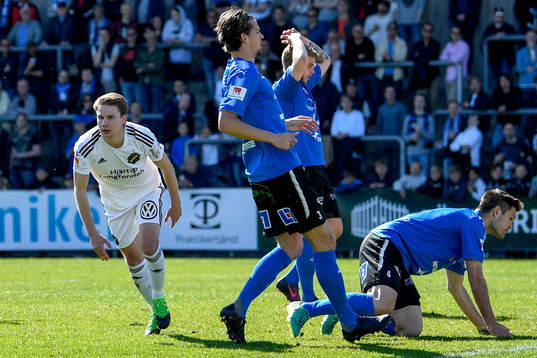 s Johan Blomberg jublar efter 0-1 under fotbollsmatchen i Allsvenskan mellan Halmstad och AIK den 6 maj 2017 i Halmstad.