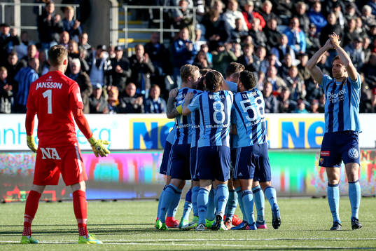 Djurgårdens Jesper Karlström jublar med lagkamrater efter 0-4