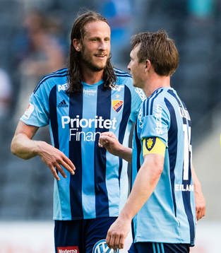 Djurgårdens Jonas Olsson jublar tillsammans med Kim Källström