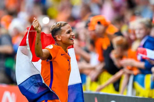 Hollands Shanice van de Sanden jublar efter kvartsfinalen mellan Holland och Sverige