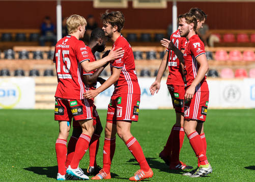 Piteås Johannes Lidström jublar tillsammans med sina lagkamrater efter sitt 1-0 mål