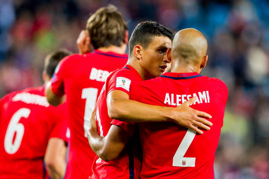 Mohamed Elyounoussi and Haitam Aleesami of Norway celebrate after Norway score 2-0