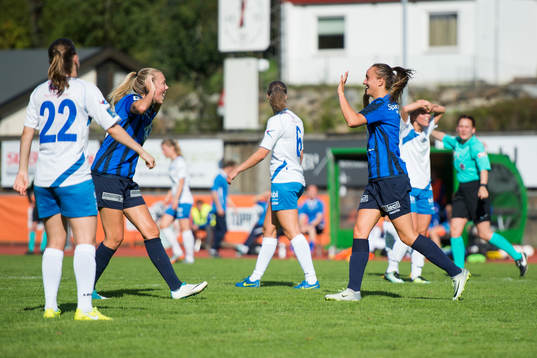 Andrea Wilmann celebrates with his teammate Synne Sofie Kinden Jensen after scoring 2-0