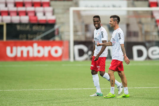 Akinsola Akinyemi and Rocky Lekaj of Fredrikstad after the OBOS-ligaen match between Fredrikstad and Åsane on September 3, 2017 in Fredrikstad.
