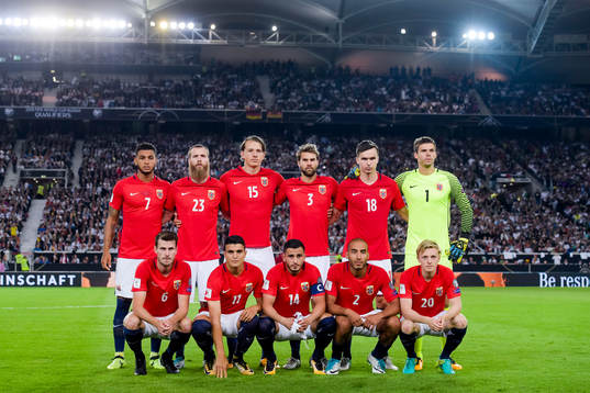 Joshua King , Jo Inge Berget , Sander Berge , Jørgen Skjelvik  ,Anders Konradsen,goalkeeper Rune Almenning Jarstein , Håvard Nordtveit , Mohamed Elyounoussi , Omar Elabdellaoui , Haitam Aleesami and Mats Møller Dæhli of Norway prior the FIFA World Cup Qualifier match between Germany and Norway