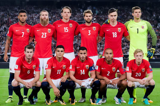 Joshua King , Jo Inge Berget , Sander Berge , Jørgen Skjelvik  ,Anders Konradsen,goalkeeper Rune Almenning Jarstein , Håvard Nordtveit , Mohamed Elyounoussi , Omar Elabdellaoui , Haitam Aleesami and Mats Møller Dæhli of Norway prior the FIFA World Cup Qualifier match between Germany and Norway