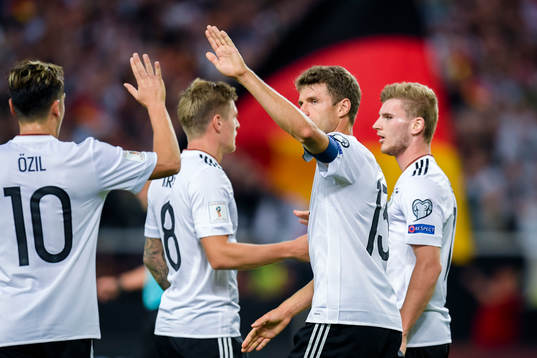 Mesut Özil, Toni Kroos and Thomas Müller of Germany celebrates the 3-0 goal