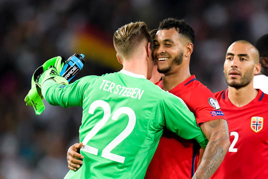 Goalkeeper Marc-André ter Stegen and Joshua King of Norway after the FIFA World Cup Qualifier match between Germany and Norway on September 4, 2017 in Stuttgart.
