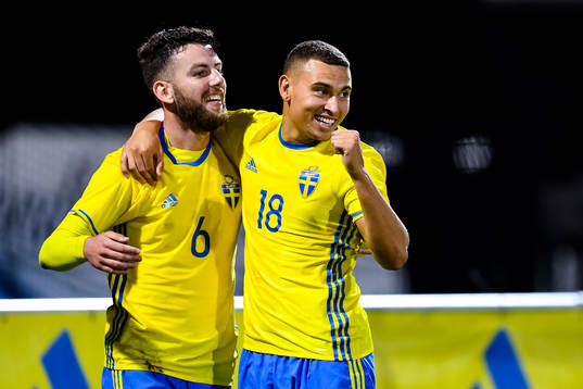 Sveriges Erdal Rakip jublar med Jordan Larsson efter 4-0
