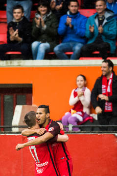 Gilli Rólantsson and Deyver Vega of Brann celebrate scoring the 1-0 goal