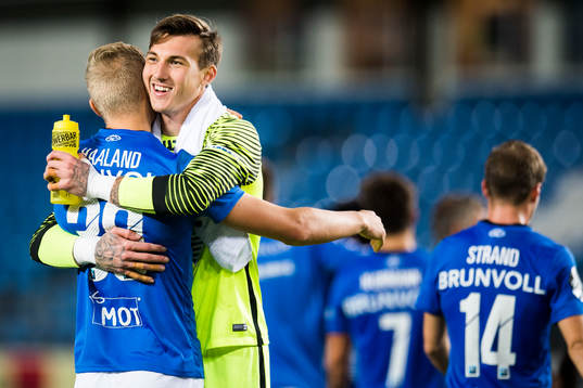 Erling Braut Haaland and goalkeeper Andreas Christopher Linde of Molde celebrate after the Eliteserien match between Molde and Odd on September 11, 2017 in Molde.
