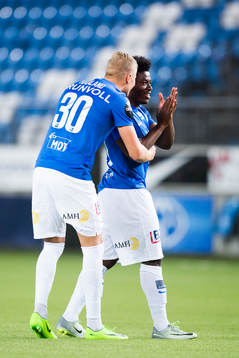 Erling Braut Haaland and Thomas Amang of Molde celebrate after the Eliteserien match between Molde and Odd on September 11, 2017 in Molde.
