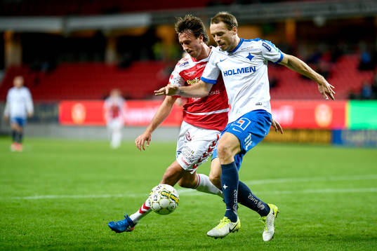 Kalmars Filip Hellquist och Norrköpings Jon Gudni Fjoluson