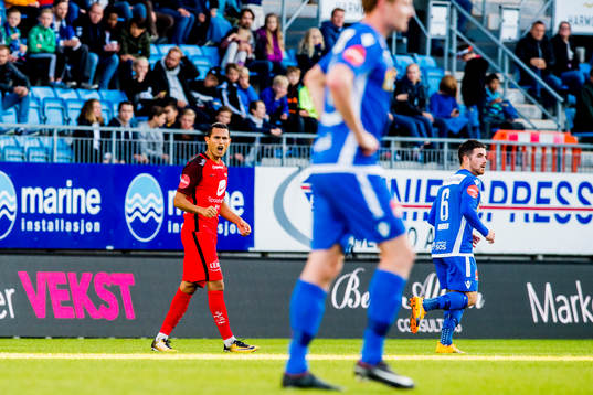 Deyver Vega of Brann celebrates after scoring 1-0