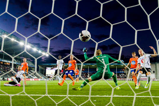 Elbasan Rashani of Odd scores 3-0 behind Goalkeeper Andreas