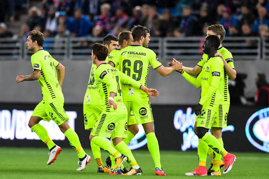 Krepin Diatta of Sarpsborg celebrates after scoring the 1-0 goal