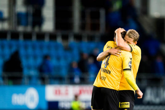 Marius Ørjasæter Amundsen and Mats Haakenstad of Lillestrøm celebrate