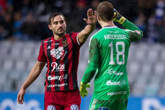 Östersunds Sotirios Papagiannopoulus och målvakt Andreas Andersson jublar