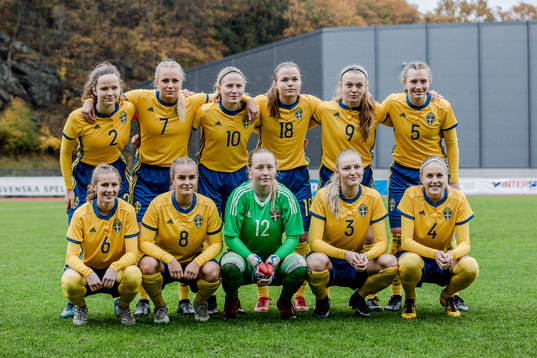  Julia Walentowicz, Sara Lilja Vidlund, Saga Jontoft, Johanna Lindell, Beata Olsson och Selma Berggren. Nedre raden från vänster: Wilma Ljung Klingwall, Ella Wallfur Skiljic, målvakt Julia Langörgen, Kajsa Ekström och Kajsa Lang, under fotbollsmatchen i EM-kvalet för F17 den 22 oktober 2017 i Uddevalla.