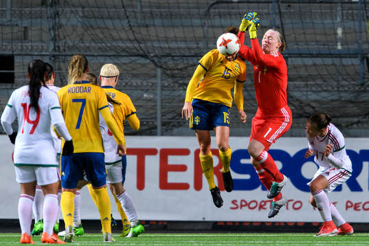 Sveriges Jessica Samuelsson krockar med Sveriges målvakt