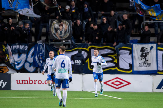 Norrköpings David Moberg Karlsson jublar efter att gjort 3-3
