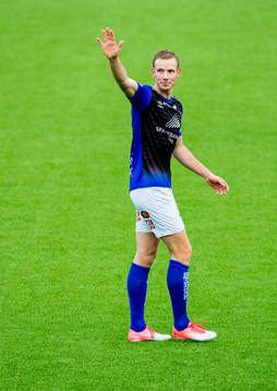 Simon Andreas Larsen of Start celebrates after scoring 0-1