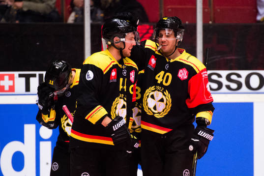 Jacob Blomqvist and Jesper Jensen of Brynäs celebrates the 1-1 goal