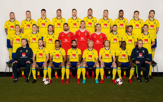  John Guidetti, Jakob Johansson, Mikael Lustig, Ola Toivonen, Pontus Jansson, Andreas Granqvist, Filip Helander, Isaac Kiese Thelin, Victor Nilsson Lindelöf och Albin Ekdal. Mellersta raden från vänster: Ludwig Augustinsson, Viktor Claesson, Gustav Svensson, Kristoffer Nordfeldt, Robin Olsen, Karl-Johan Johnsson, Marcus Berg, Marcus Rohdén och Emil Krafth. Nedre raden från vänster: Assisterande tränare Peter Wettergren, Sebastian Larsson, Martin Olsson, Jimmy Durmaz, Johan Larsson, Emil Forsberg, Ken Sema och förbundskapten Janne Andersson. Editors note: Bilden är retuscherad.