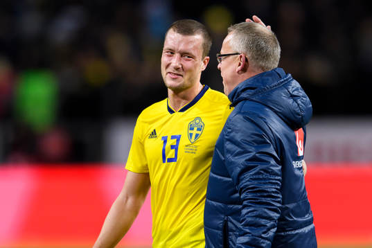 Sveriges Jakob Johansson och förbundskapten Janne