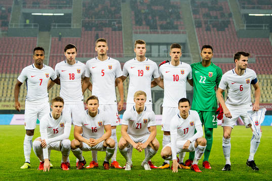 Ola Kamara (2nd), Ole Kristian Selnæs, Gustav Valsvik, Alexander Sørloth, Markus Henriksen, goalkeeper Sten Grytebust, Håvard Nordtveit, Martin Ødegaard (1st row), Jonas Svensson, Birger Meling and Martin Linnes of Norway line up for a team photo ahead of the international friendly match between Macedonia and Norway on November 11, 2017 in Skopje.
