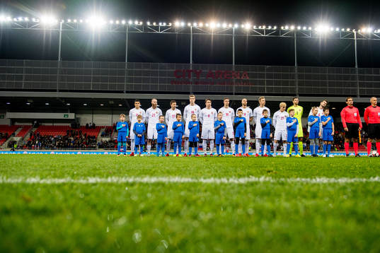 Mohamed Elyounoussi, Jo Inge Berget, Martin Linnes, Alexander Sørloth, Anders Trondsen, Markus Henriksen, Tore Reginiussen, Alexander Toft Søderlund, Birger Meling, goalkeeper Rune Almenning Jarstein and Håvard Nordtveit of Norway line up ahead of the international friendly match between Slovakia and Norway on November 14, 2017 in Trnava.