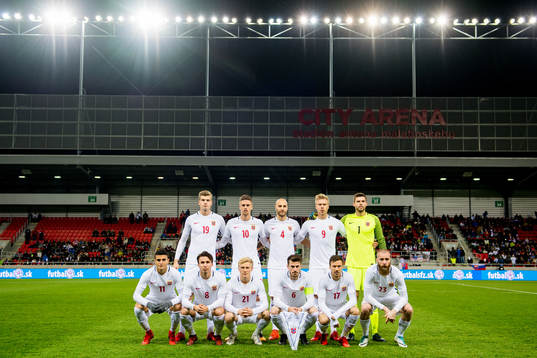 Alexander Sørloth (2nd row), Markus Henriksen, Tore Reginiussen, Alexander Toft Søderlund, goalkeeper Rune Almenning Jarstein, Mohamed Elyounoussi (1st row), Anders Trondsen, Birger Meling, Håvard Nordtveit, Martin Linnes and Jo Inge Berget of Norway pose for a team photo ahead of the international friendly match between Slovakia and Norway on November 14, 2017 in Trnava.
