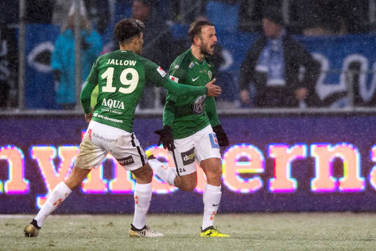 Jönköpings Robert Gojani och Alexander Jallow jublar efter 1-0 av Gojani