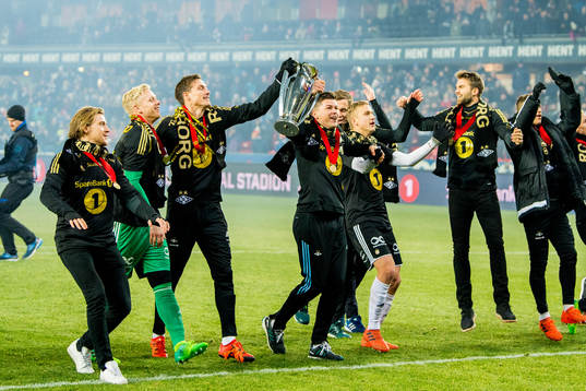 Players of Rosenborg celebrate winning the league