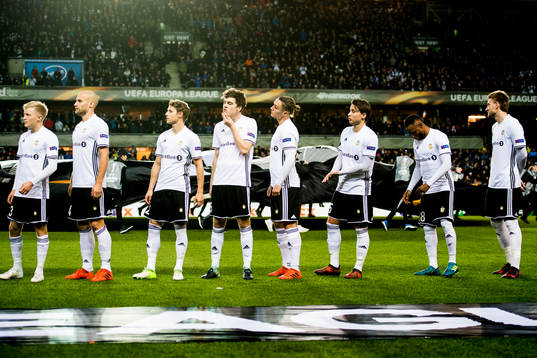 Birger Meling, Tore Reginiussen, Vegar Eggen Hedenstad, Jacob Rasmussen, Jonathan Levi, Anders Trondsen, Samuel Adegbenro and Nicklas Bendtner ahead of the UEFA Europa League match between Rosenborg and Real Sociedad on November 23, 2017 in Trondheim.