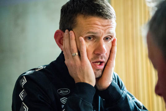 Eirik Bakke, head coach of Sogndal, talks to the press