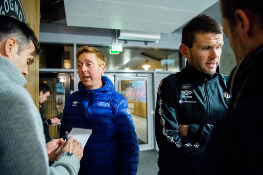 Svein Maalen, head coach of Ranheim, and Eirik Bakke, head coach of Sogndal, talk to the press
