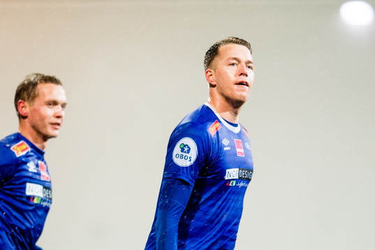 Michael Karlsen of Ranheim celebrates after scoring 1-0 on a penalty kick