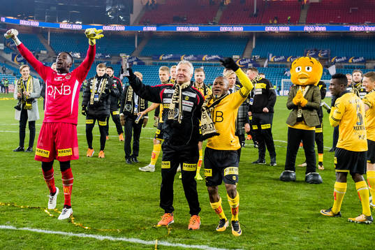 Goalkeeper Arnold Origi, Arne Erlandsen, head coach of Lillestrøm, and Chigozie Udoji of Lillestrøm  celebrate