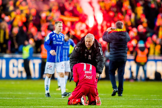 Arne Erlandsen, head coach, and goalkeeper Arnold Origi of Lillestrøm celebrate winning the cup final match between Lillestrøm and Sarpsborg 08